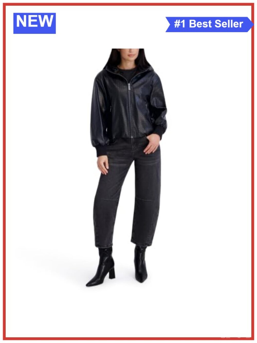 Hooded Faux Leather Bubble Hem Zip Jacket with Pockets